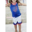 American's Birthday Royal Blue Tank Top With Red White Chevron Satin Lacing & Sparkle Crystal Bling Rhinestone USA Heart Print With White Cotton Short Pantie With Patriotic American Ruffles & White Royal Blue Ribbon Bow P013